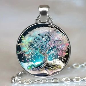 Celestial Roots: Tree of Life Glass Cabochon Necklace - Silver Plated Chain